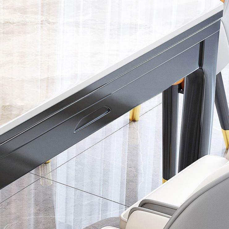 Modern Extendable Grey Stone Top Dining Table with 4 Black Steel Legs Clearhalo 'Dining Tables & Seating' 'Dining Tables' 'dining_table' 'furn' 'furn_dining_table' 'Furniture' 'Kitchen & Dining Furniture' 1200x1200_3829f0db-3903-455e-8088-598c96509d34