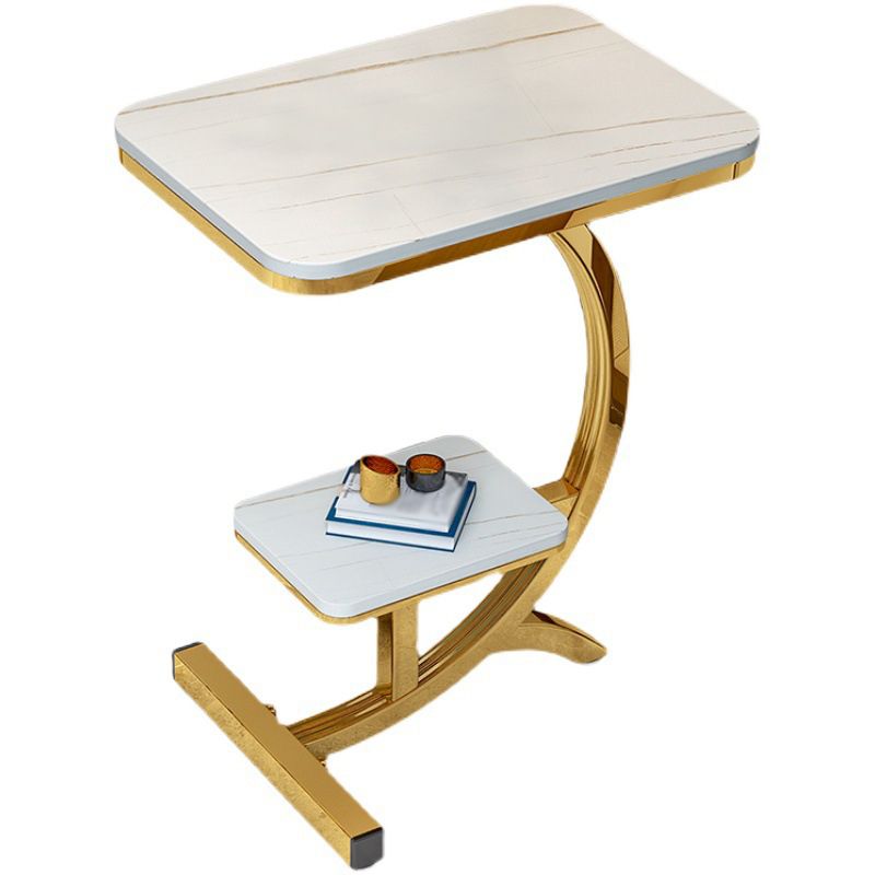 Modern Style Iron Base Rock Plate with Storage Shelf Rectangular Desktop Side Table