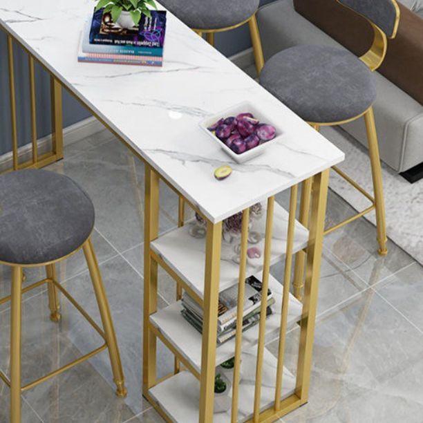 Mesa industrial rectangular con altura de barra, mesa de bar de madera sintética con base de almacenamiento