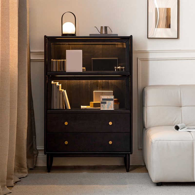 黒い固体のキュリオキャビネット照明付きモダンなガラスのドア