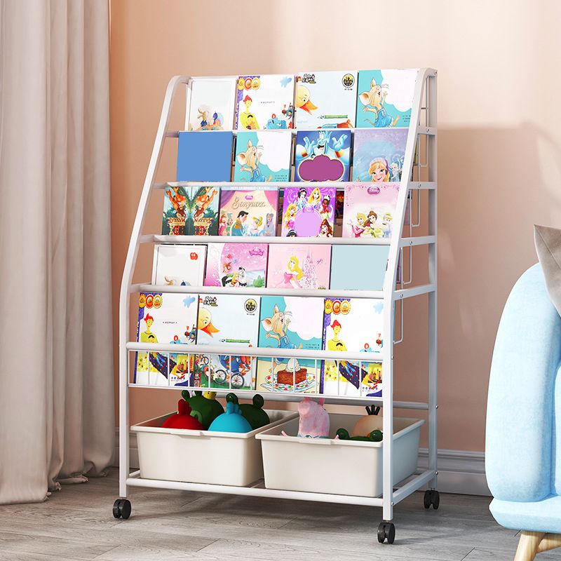 White Bookshelf Contemporary Style Bookcase for Study Room with Casters