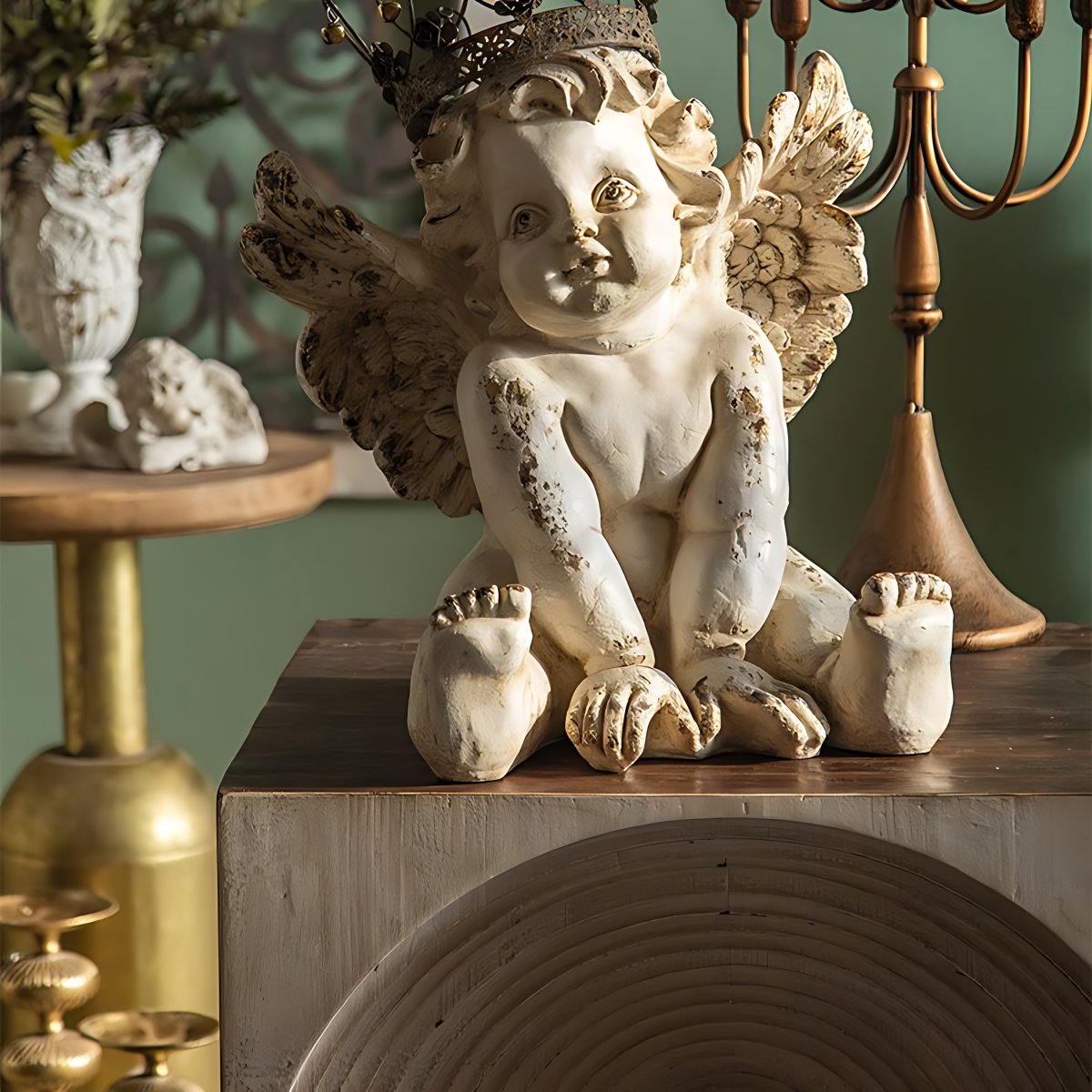 Solid Wood Drum End Table Rustic Engraved Design Accent Side Table ...