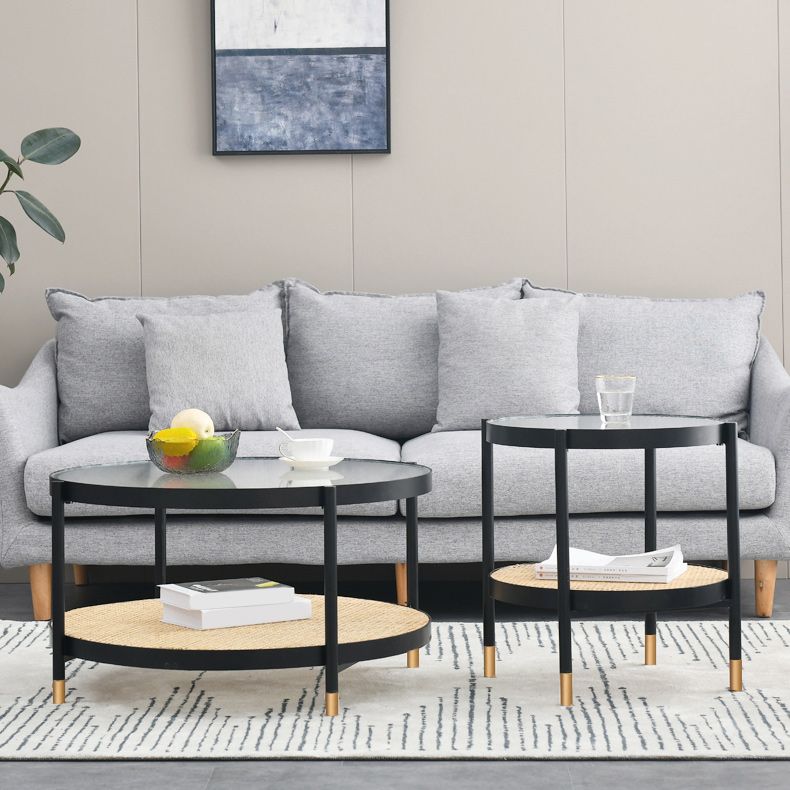 Table basse moderne en verre transparent avec rangement, ensemble de Table à cocktail ronde à 4 pieds