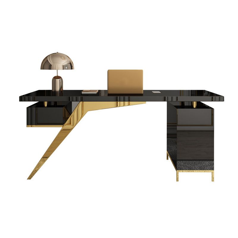 Black and White Writing Desk Glass Office Desk Pedestal with File Cabinet Clearhalo 'furn' 'furn_office_desk' 'Furniture' 'Office Desks' 'Office Furniture' 'office_desk' 1200x1200_38fd057a-4d62-4386-b3f3-61b15e02e4fd