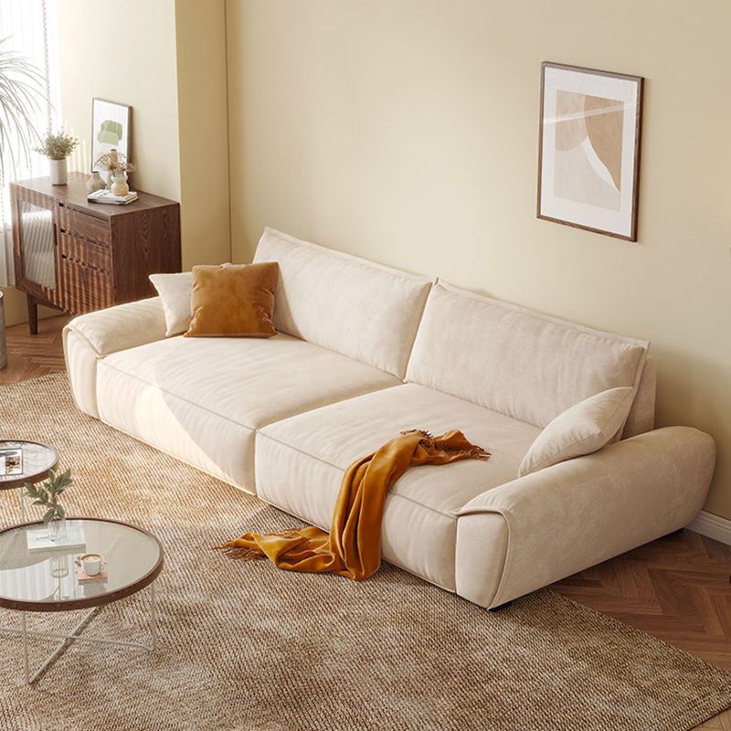 Beige Flared Arm Sofa Faux Leather Seating with Pillows for Living Room