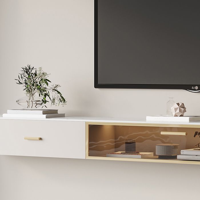 Consola flotante para TV, soporte multimedia para TV de piedra con 2 cajones
