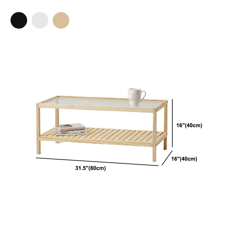 Modern Wooden Frame Coffe Table with Glass Top and Storage Shelf