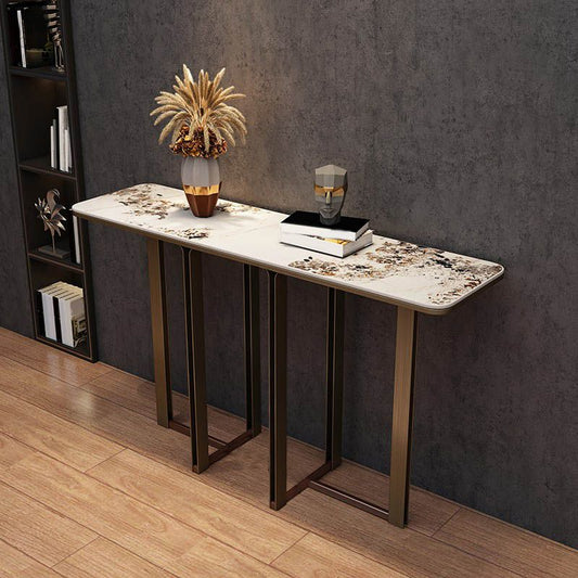 Modern Rectangular Console Table Stone Console Sofa Table in White and Gold