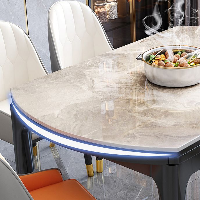 Modern Extendable Grey Stone Top Dining Table with 4 Black Steel Legs Clearhalo 'Dining Tables & Seating' 'Dining Tables' 'dining_table' 'furn' 'furn_dining_table' 'Furniture' 'Kitchen & Dining Furniture' 1200x1200_39f13a99-827e-4f4d-955a-6646c71feb3d