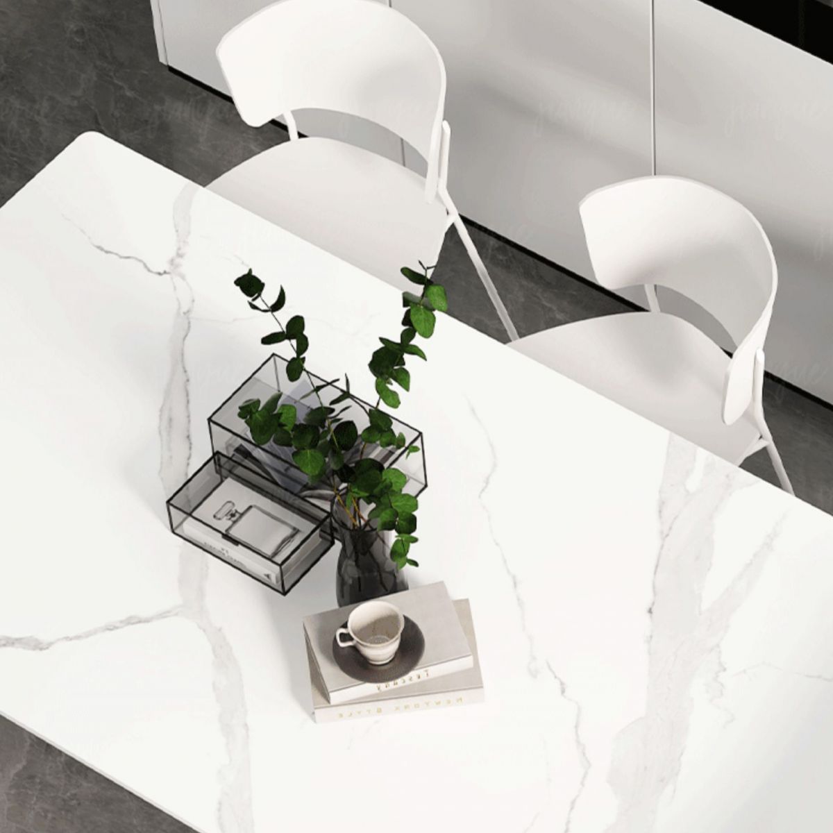 Mesa de comedor de piedra sinterizada moderna mesa de doble pedestal con base acrílica para el hogar