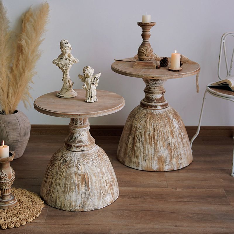 Tavolo laterale rotondo rustico in legno solido Fine laterale del piedistallo