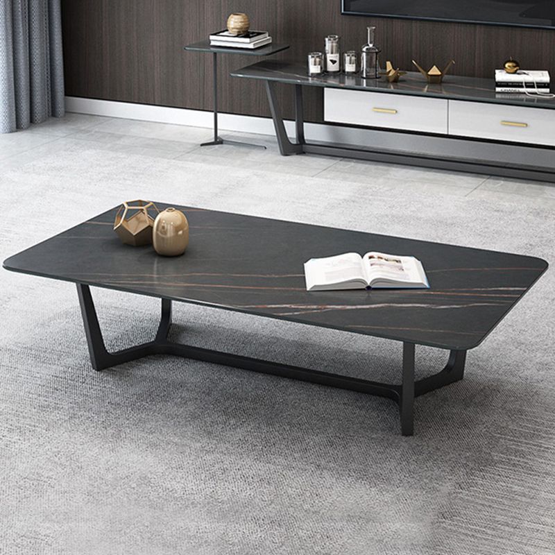Glam Style Rectangular Slate with Trestle Base Black Foot Coffee Table