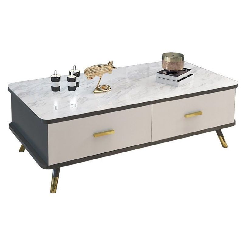 Tavolino da caffè moderno con piano in vetro con 2 cassetti e 4 gambe