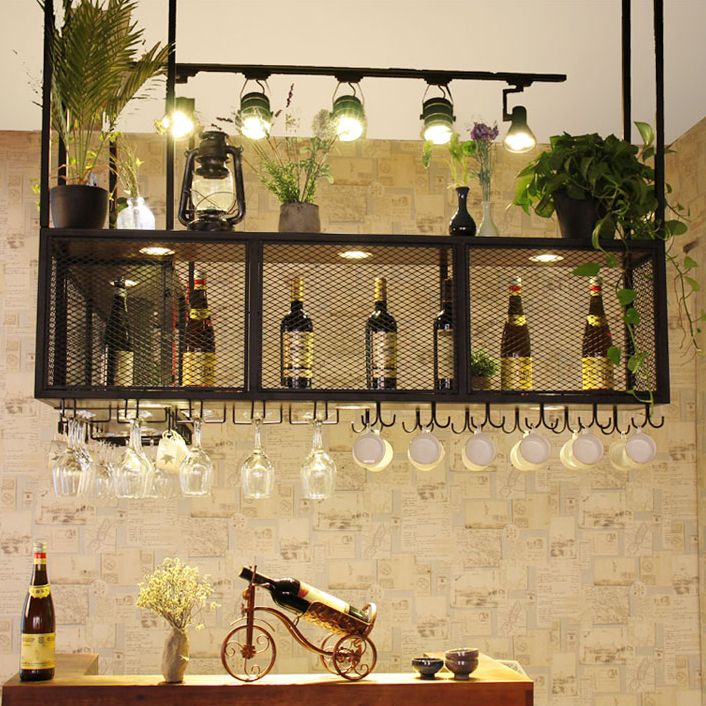 Black Metal Hanging Wine Holder with Glass Holder & Storage Shelf Clearhalo 'furn' 'furn_wine_racks' 'Furniture' 'Kitchen & Dining Furniture' 'Wine Racks' 'wine_racks' 1200x1200_3a9a7506-349a-4024-8e71-f6439c503917