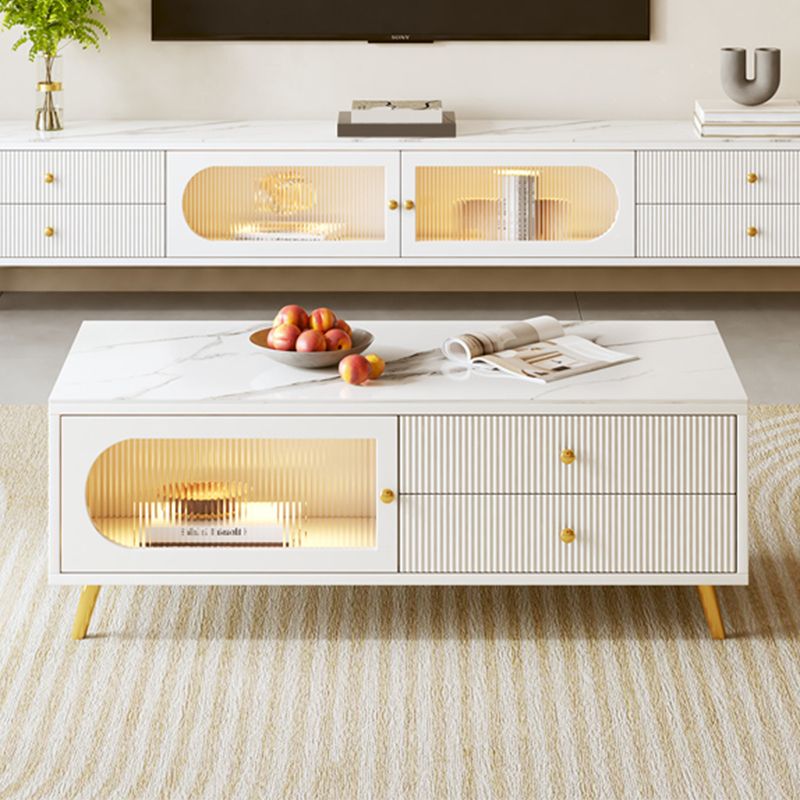 Glam Rectangle Solid Wood Coffee Table 4 Legs with 4 Drawers