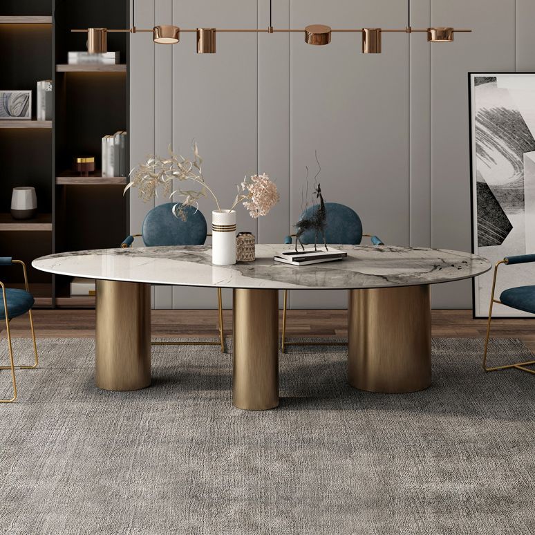 Oval Sintered Stone Dining Table Luxury Table in White with Metal 3 Legs Base Clearhalo ' dining_table' 'Dining Tables & Seating' 'Dining Tables' 'furn' 'furn_dining_table' 'Furniture' 'furniture_dining_table' 'Kitchen & Dining Furniture' 'kitchen&dining_furn' 'kitchen' 'kitchen_dining_table' 1200x1200_3ad06d69-6d90-4bdb-b2e5-9702285b209d