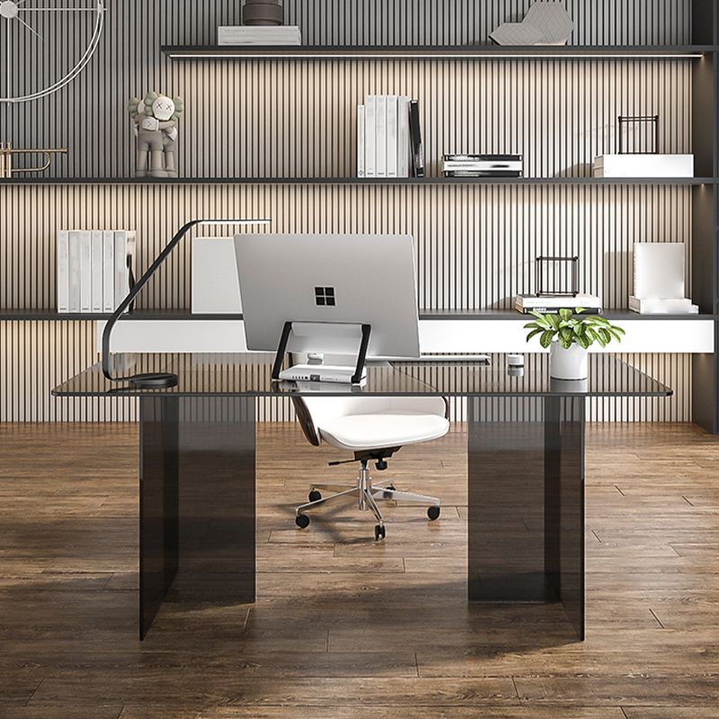Glass Contemporary Rectangular Dining Table Clear Glass Table with Double Pedestal Clearhalo 'Dining Tables & Seating' 'Dining Tables' 'dining_table' 'furn' 'furn_dining_table' 'Furniture' 'furniture_dining_table' 'Kitchen & Dining Furniture' 'kitchen' 'kitchen_dining_table' 1200x1200_3ad087c6-4de8-4ede-ab6c-b072babf4bd3