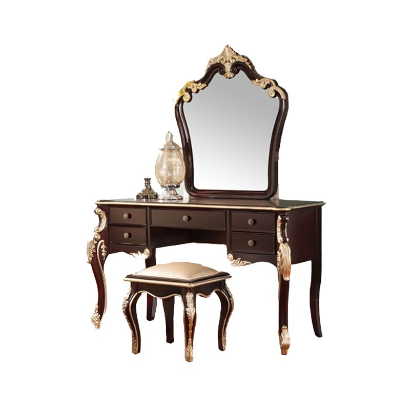 Contatore di trucco marrone con specchio da 19,68 "tavoli da vanità in legno largo con 5 cassetti