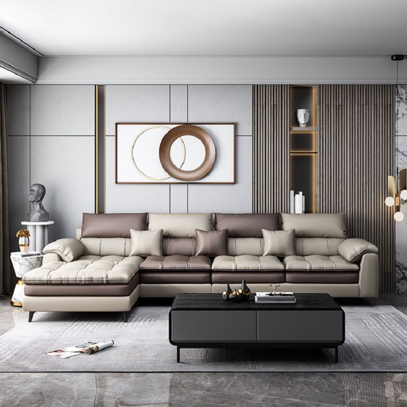 Brown Pillow Top Arm Sofa & Chaise Sewn Pillow Back Sofa - 35.43" H Clearhalo 'furn' 'furn_sectionals' 'Furniture' 'Living Room Furniture' 'Sectionals' 1200x1200_3b08f627-c635-4ae1-83cf-11f8254ba97b