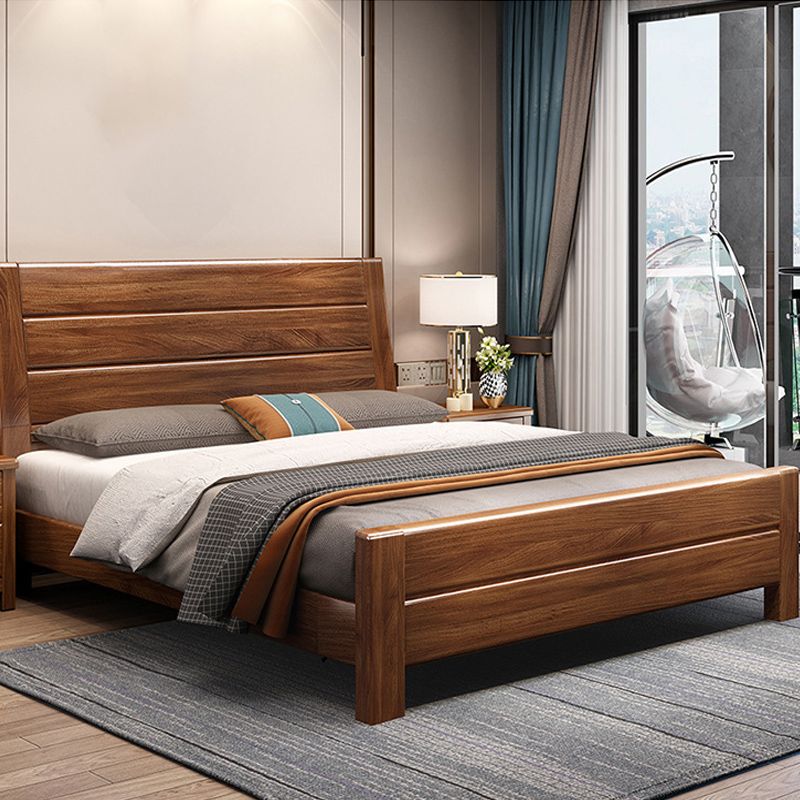 Walnut Solid Color Panel Bed Mid-Century Modern Standard Bed with Headboard
