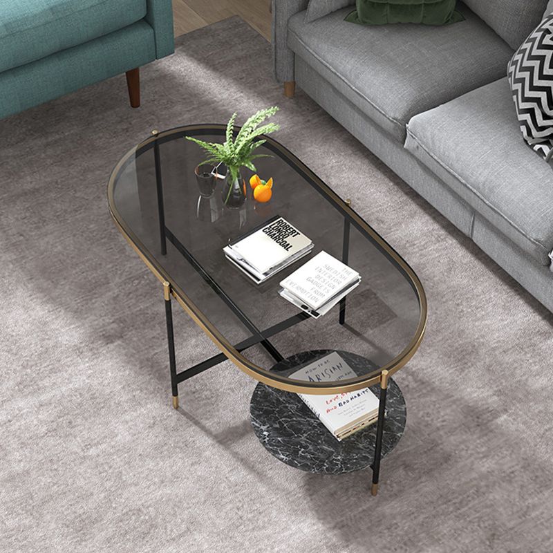 17.7" Tall Modern Metal Cross Leg Base Glass Oval Coffee Table with Shelf Clearhalo 'Coffee & Accent Tables' 'Coffee Tables' 'coffee_tables' 'furn' 'furn_coffee_tables' 'Furniture' 'furniture_coffee_tables' 'Living Room Furniture' 1200x1200_3b2d343a-c2b5-4ec8-92ac-baa96b4d2fa7