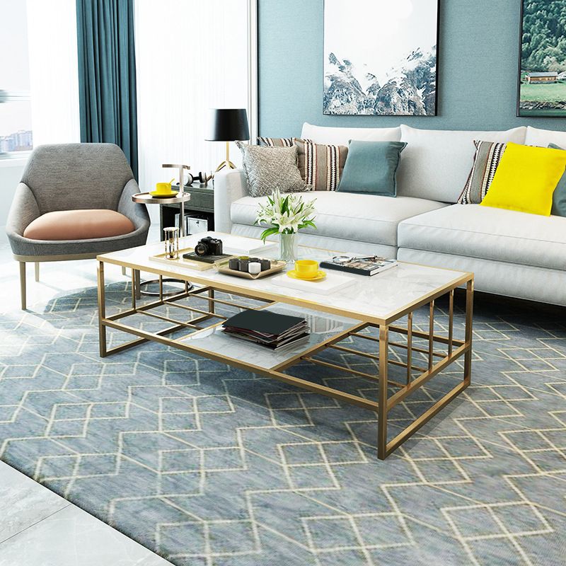 Glam Rectangle Coffee Table with Golden Sled Base and Storage Shelf Clearhalo 'Coffee & Accent Tables' 'Coffee Tables' 'coffee_tables' 'furn' 'furn_coffee_tables' 'Furniture' 'Living Room Furniture' 1200x1200_3b2eaea0-f940-4e07-b50d-16b865b4861c