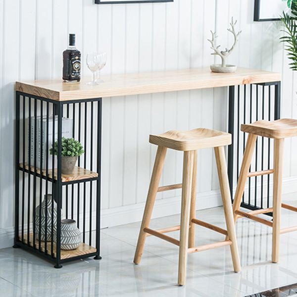Solid Wood Bistro Table Metal Base Rectangle Bar Height Pub Table with Shelves