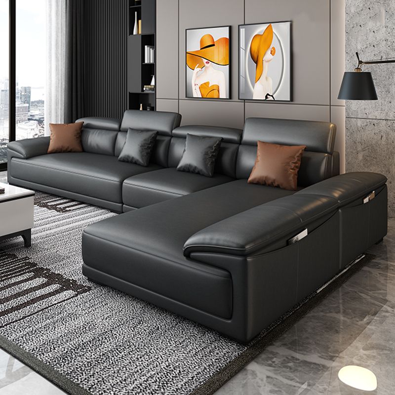 Black Faux Leather Sofa 33.46" H Pillow Top Arm Sofa & Chaise Clearhalo 'furn' 'furn_sectionals' 'Furniture' 'furniture_sectionals' 'Living Room Furniture' 'Sectionals' 1200x1200_3b48516b-2ed1-4112-b735-f5e0ea651205