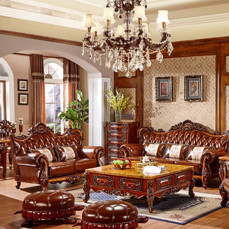 Classic Tufted Split-Back Seating Flared Arm Sofa with Pillows in Brown