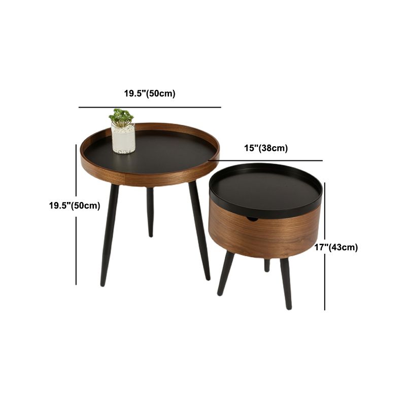 Modern Style Round 3 Legs Side Table Set in Black with Storage