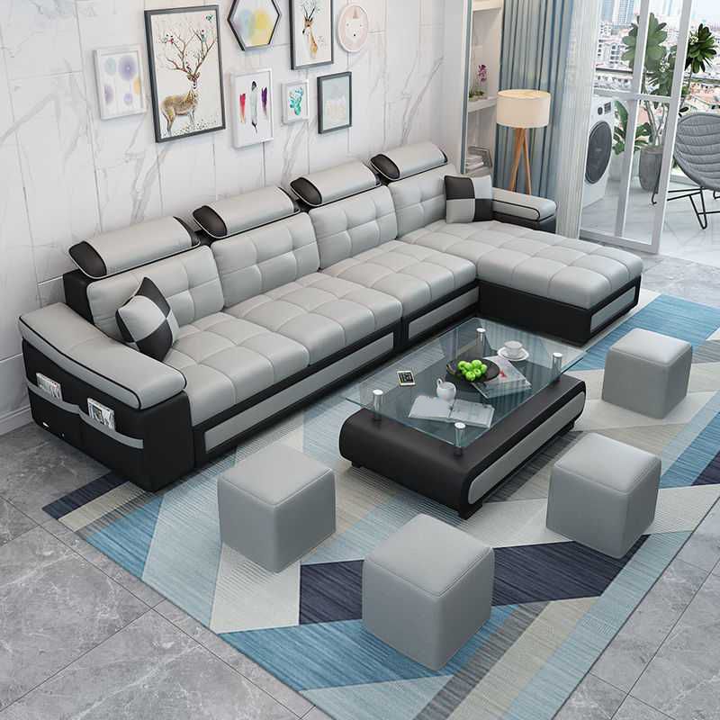Modern L-shape Sofa and Chaise Right Facing Faux Leather/Linen Blend Sectionals Clearhalo 'furn' 'furn_sectionals' 'Furniture' 'furniture_sectionals' 'kitchen' 'kitchen_sectionals' 'Living Room Furniture' 'Sectionals' 1200x1200_3b5ced21-5a2b-4f3e-87e4-13c1e617e2a5