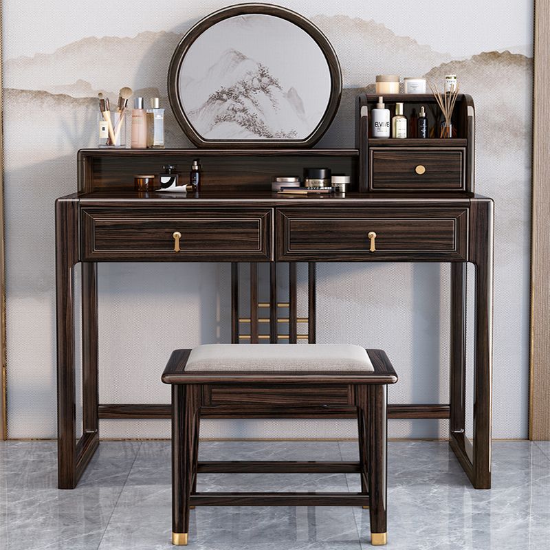 Solid Wood Vanity Set with Stool Set Brown Dresser with 3-Drawer and Mirror