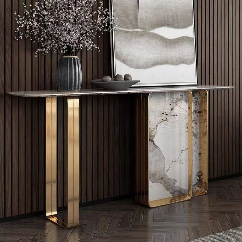 14 inch Wide Glam Accent Table Rectangle Stone Console Table for Hall