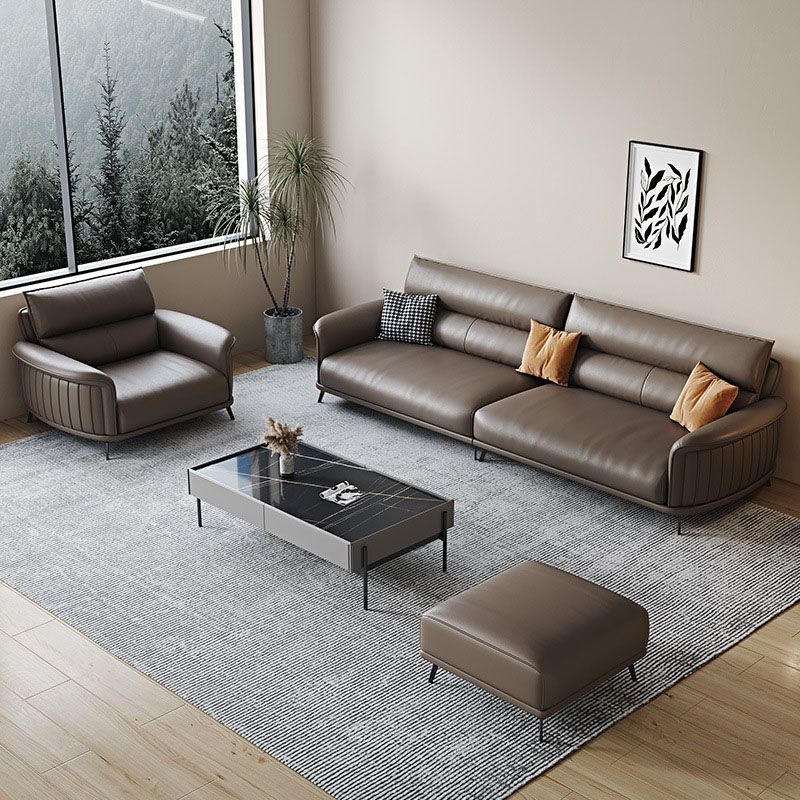 Flared Arm Sofa with Bolster Pillows Modern Leather Sofa in Brown