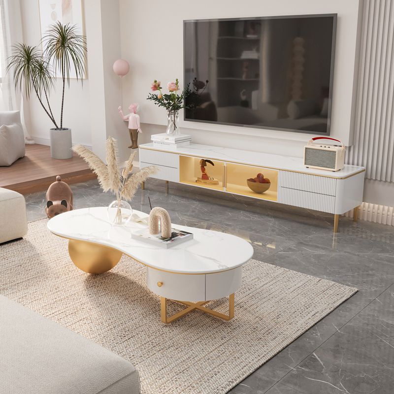 Glam Style Stone TV Stand White Color Console TV de stockage fermé avec 2 dessins