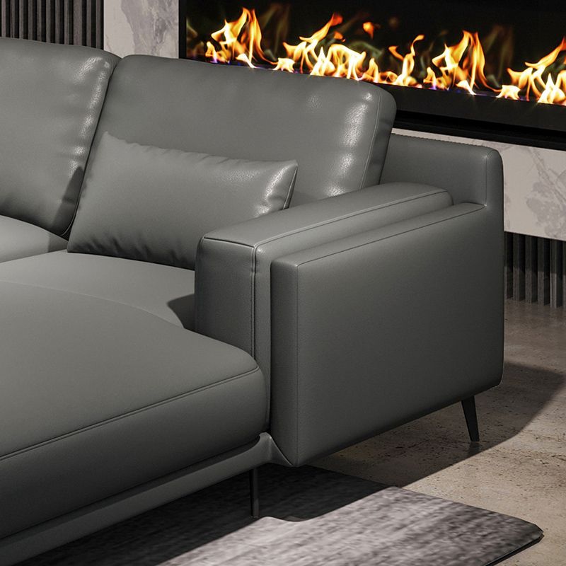 Square Arm Grey Pillowed Back Cushions Splayed Wooden Legs Sofa Clearhalo 'furn' 'furn_sectionals' 'Furniture' 'furniture_sectionals' 'kitchen' 'kitchen_sectionals' 'Living Room Furniture' 'Sectionals' 1200x1200_3bf8601d-c25b-40d4-821b-113329fa9a57