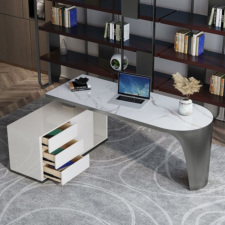 L-Shape Executive Desk Glam with Drawers Office Desk with Chrome Metal Base Clearhalo 'furn' 'furn_office_desk' 'Furniture' 'Office Desks' 'Office Furniture' 'office_desk' 1200x1200_3c0e16f6-6c29-44f0-9352-918cc518da4d