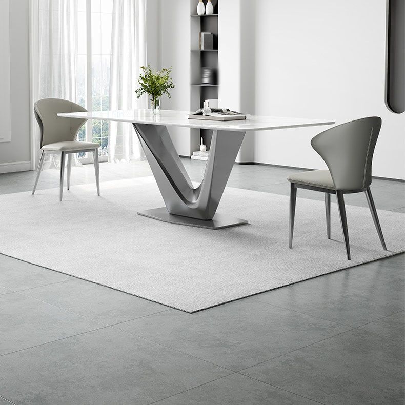 Mesa base de pedestal de metal gris rectángulo de comedor de piedra sinterizada