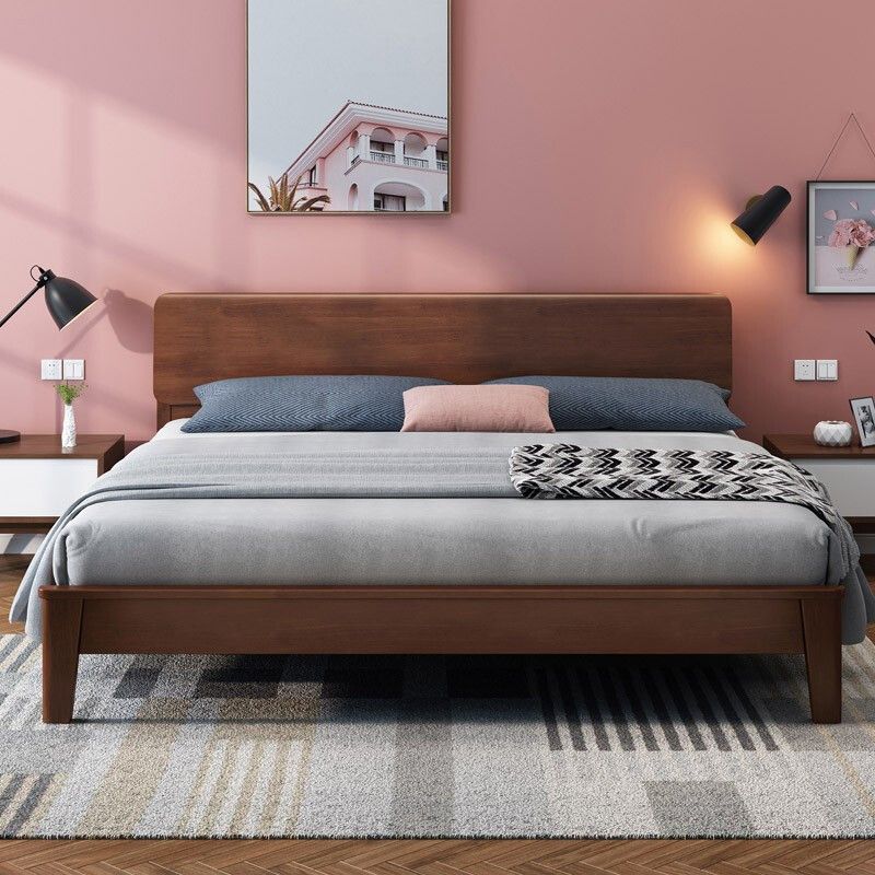 Traditional Solid Wood Panel Bed 34.65" H Low Profile Bed Frame Set in Brown