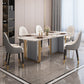 Modern Sintered Stone Table Set for 4/6 with Rectangle Table Dining Set with Gold Double Pedestal Clearhalo 'Dining Room Sets' 'Dining Tables & Seating' 'dining_room_set' 'furn' 'furn_dining_room_set' 'Furniture' 'furniture_dining_room_set' 'Kitchen & Dining Furniture' 'kitchen&dining_furn' 'kitchen' 1200x1200_3c8414df-1908-4d83-a488-7340171a7976