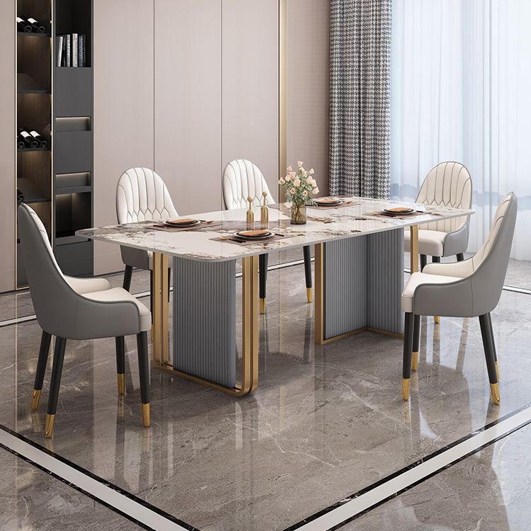Modern Sintered Stone Table Set for 4/6 with Rectangle Table Dining Set with Gold Double Pedestal Clearhalo 'Dining Room Sets' 'Dining Tables & Seating' 'dining_room_set' 'furn' 'furn_dining_room_set' 'Furniture' 'furniture_dining_room_set' 'Kitchen & Dining Furniture' 'kitchen&dining_furn' 'kitchen' 1200x1200_3c8414df-1908-4d83-a488-7340171a7976
