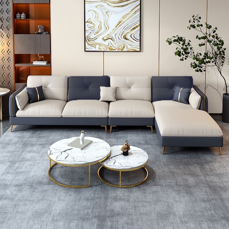 Scandinavian Stain-Resistant Faux Leather Tufted Back Beige Sofa & Chaise