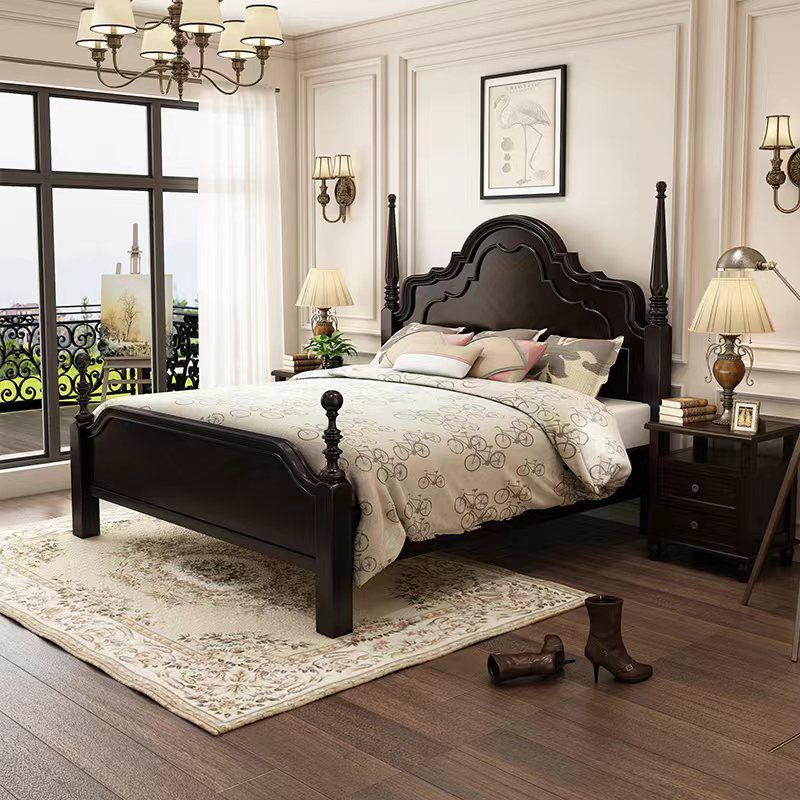 Mid-Century Modern Standard Bed Pine Wood Panel Bed with Headboard