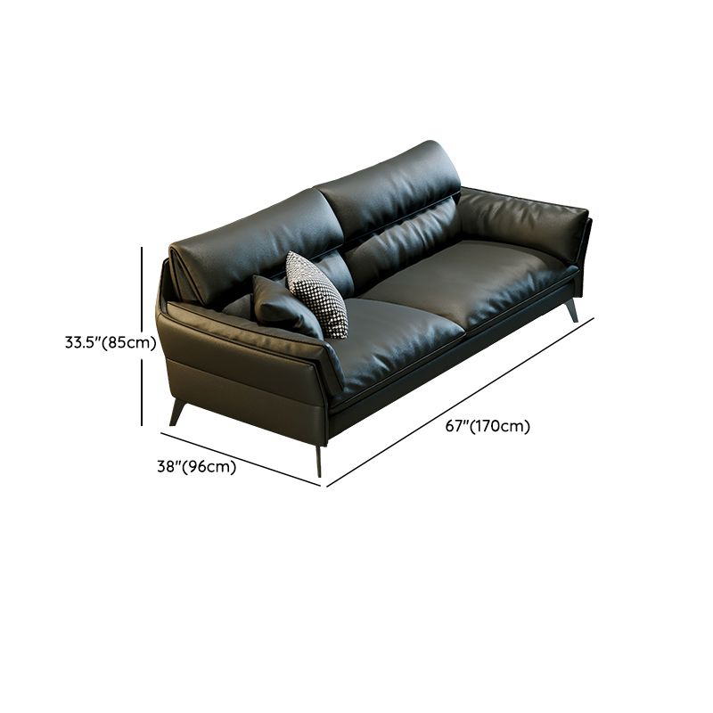 Schwarzes Sofa aus echtem Leder, Mid-Century Modern, Pillow-Top-Arm-Sofa – 33,5" H