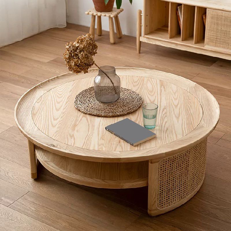 Wooden 1 Single Cocktail Table with Shelf Round Coffee Table