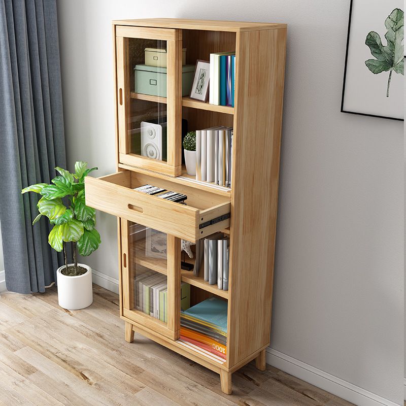 Contemporary Shelf Bookcase Pine Bookshelf with Doors for Living Room