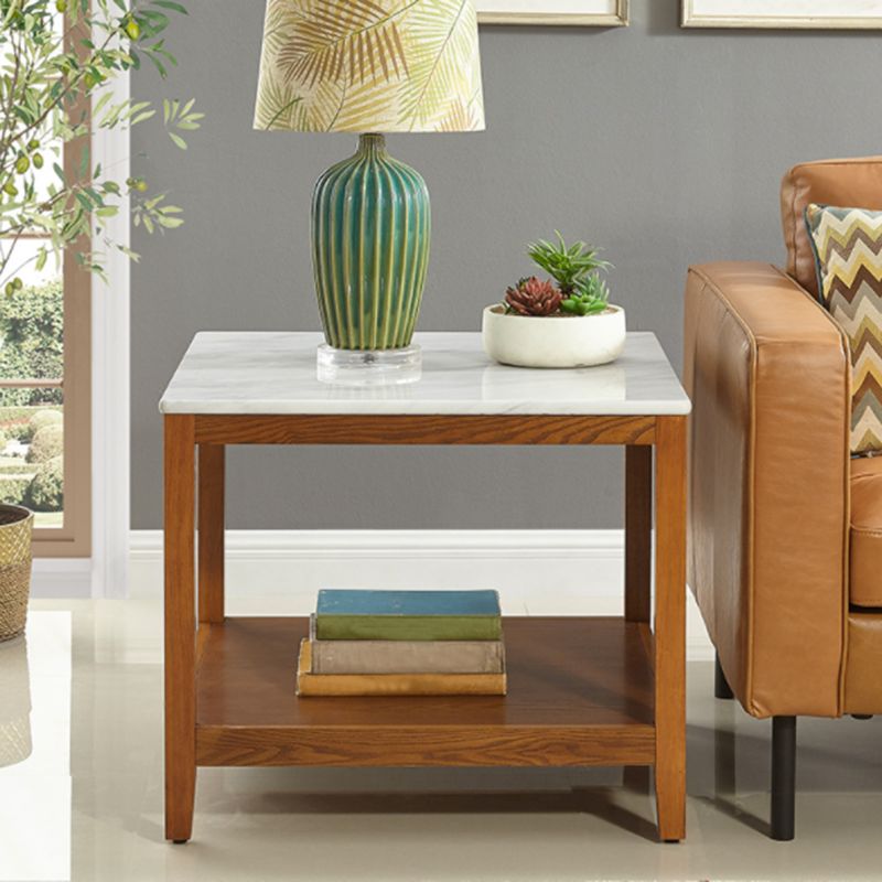 Farmhouse Square Wood Top End Table 4 Legs Sofa Side Table  with Shelves