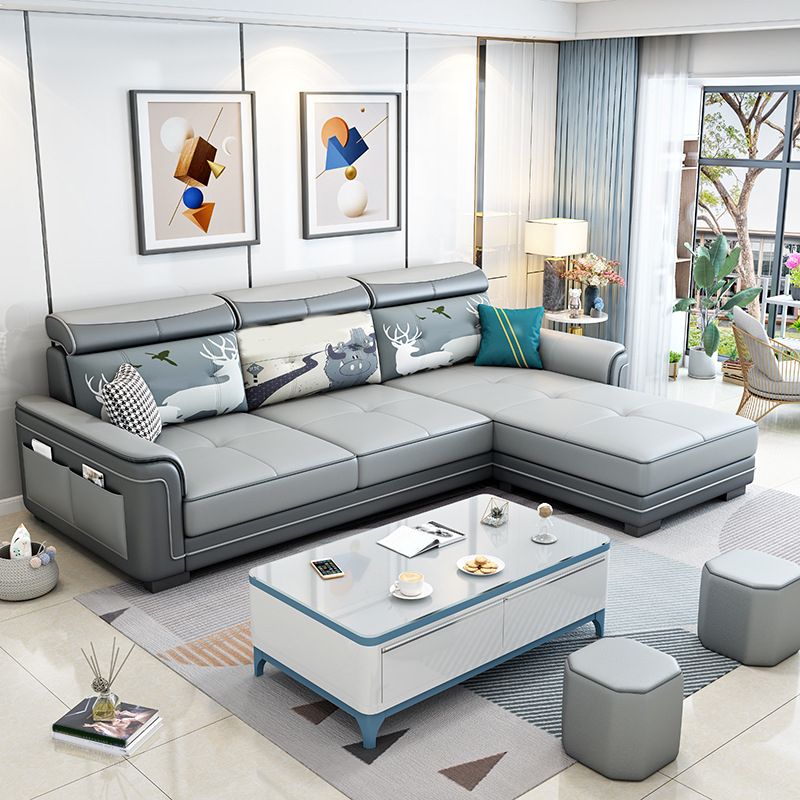 Contemporary Flared Arms Sectional 3-seat Faux Leather Sofa with Ottoman Included Clearhalo 'Furniture' 'furniture_sectionals' 'kitchen' 'kitchen_sectionals' 'Living Room Furniture' 'Sectionals' 1200x1200_3cf990af-683d-41d4-a75d-dc681964b739