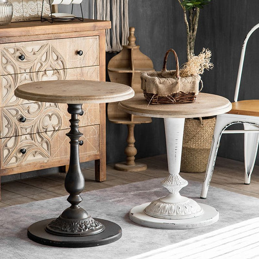 フランスのカントリーラウンドソリッドウッドトップコーヒーテーブルアイアンペデスタルカクテルテーブル