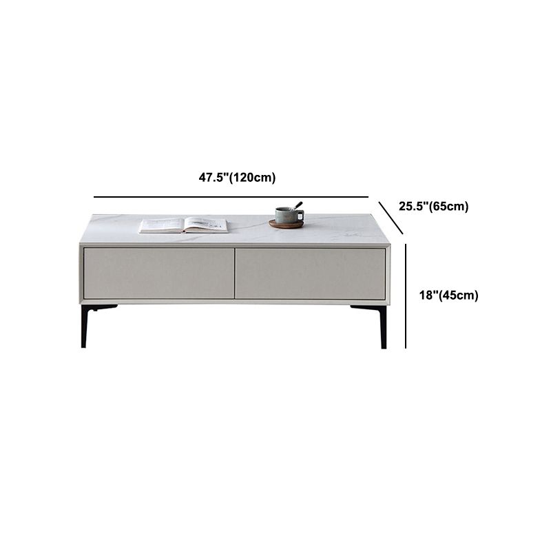 Tavolino bianco rettangolare con 4 cassetti e 4 gambe metalliche